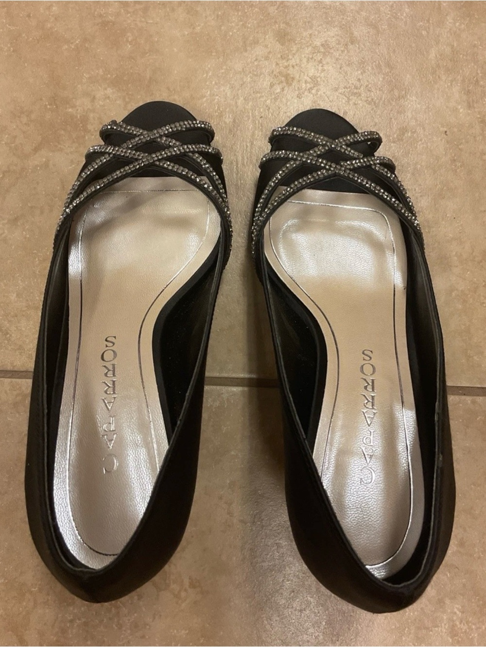 Caparros Black Flats with Crystal-Embellished Crisscross Straps